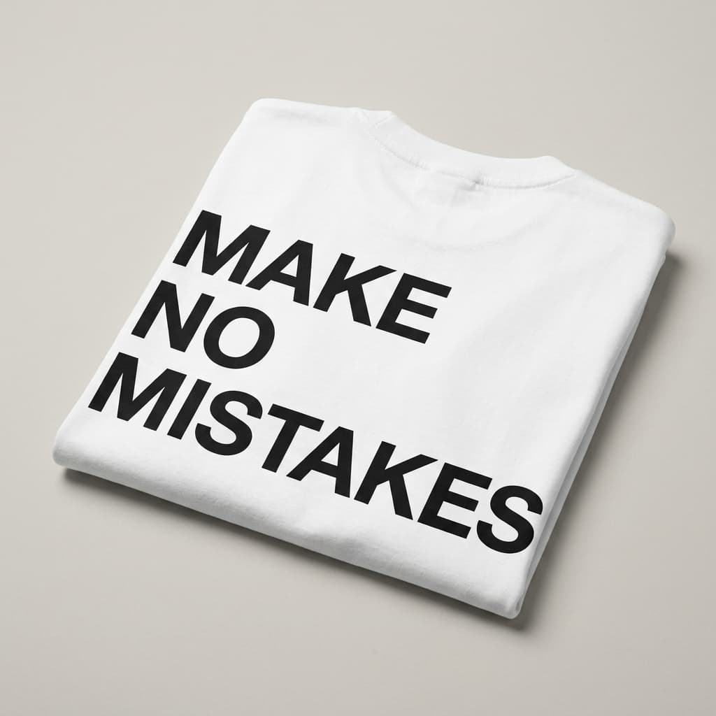 Folded view: White t-shirt with a small MAKE ME RICH print on the chest and MAKE NO MISTAKES in huge black type across the back
