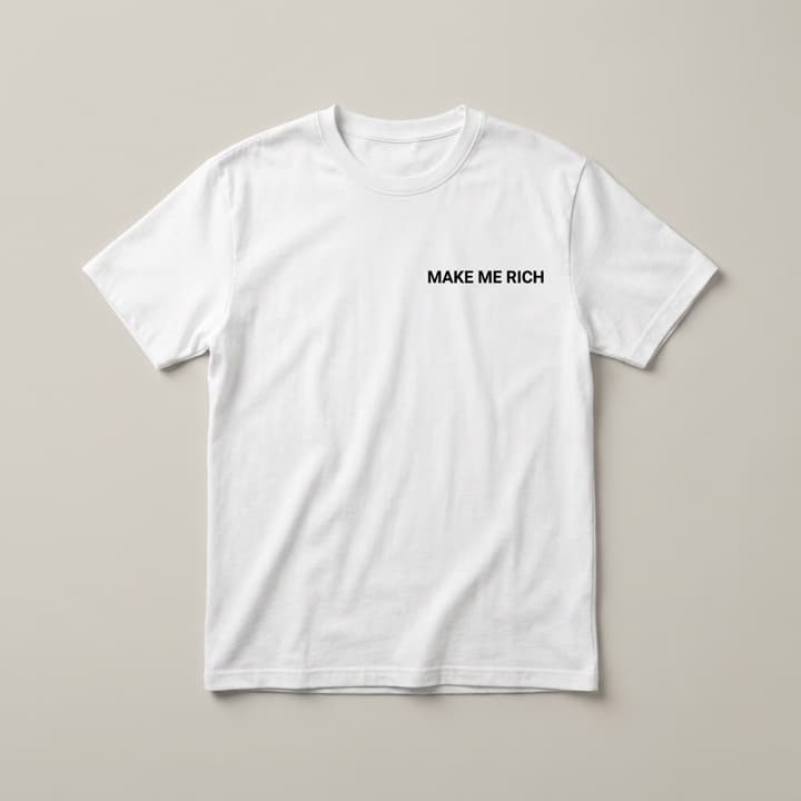 White t-shirt with a small MAKE ME RICH print on the chest and MAKE NO MISTAKES in huge black type across the back