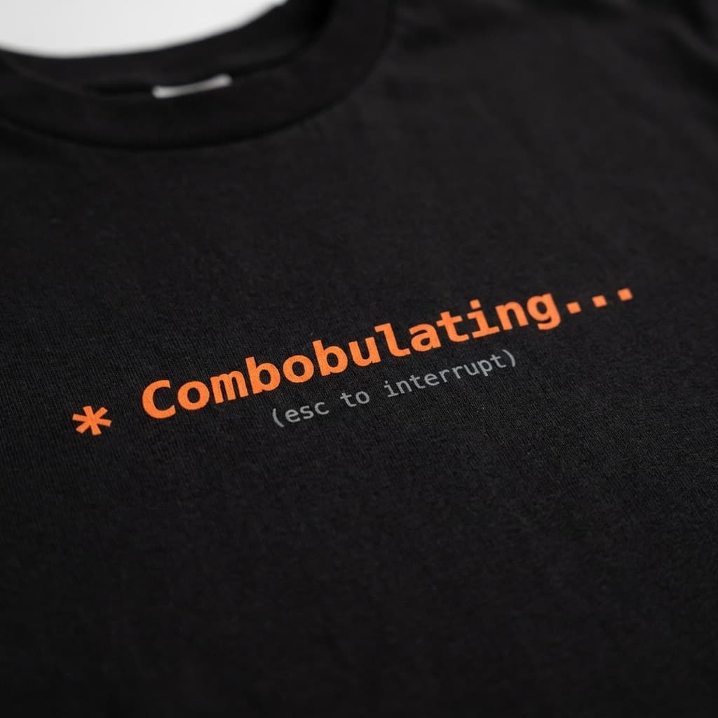 Close-up of the print: Black t-shirt printed with Combobulating… (esc to interrupt)