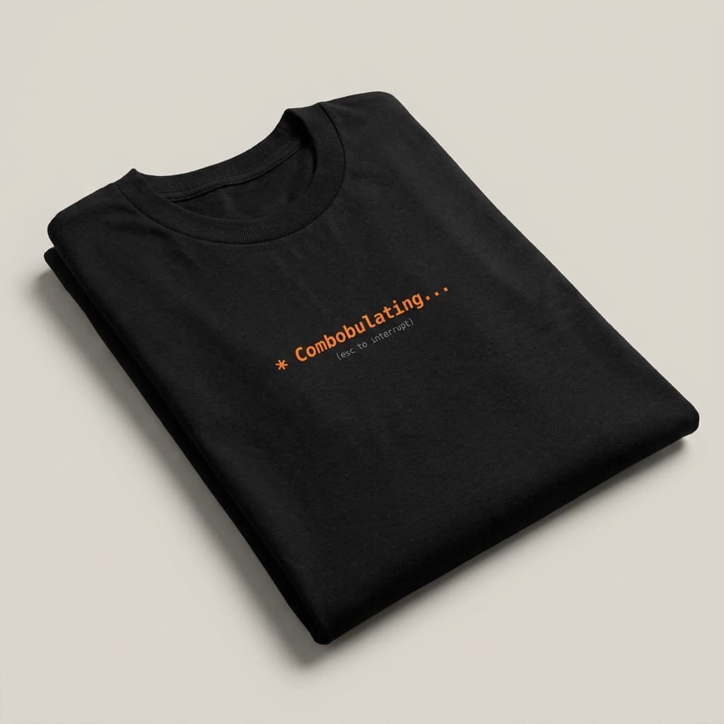 Folded view: Black t-shirt printed with Combobulating… (esc to interrupt)