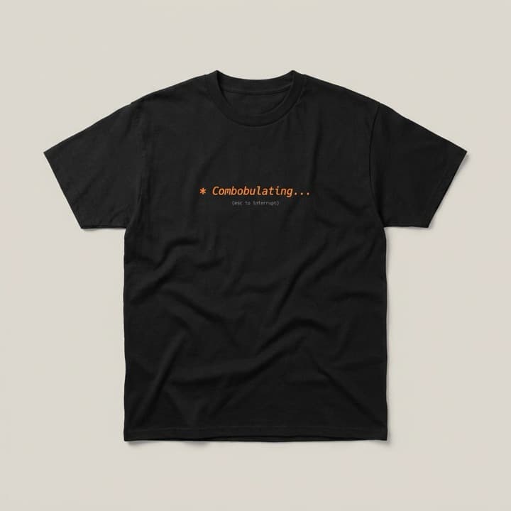 Black t-shirt printed with Combobulating… (esc to interrupt)