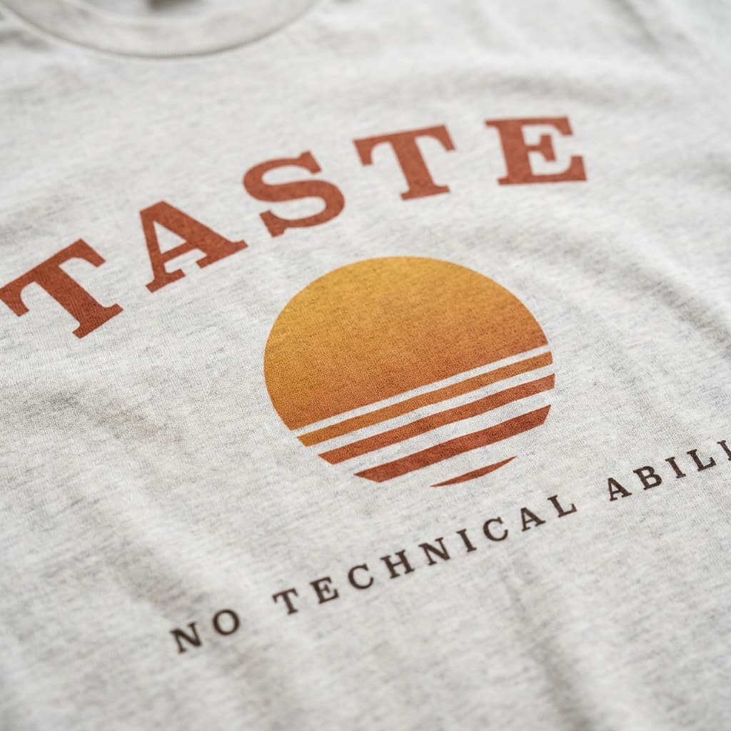Close-up of the print: Ash-white t-shirt printed with an arched TASTE over a striped sunset, and NO TECHNICAL ABILITY beneath