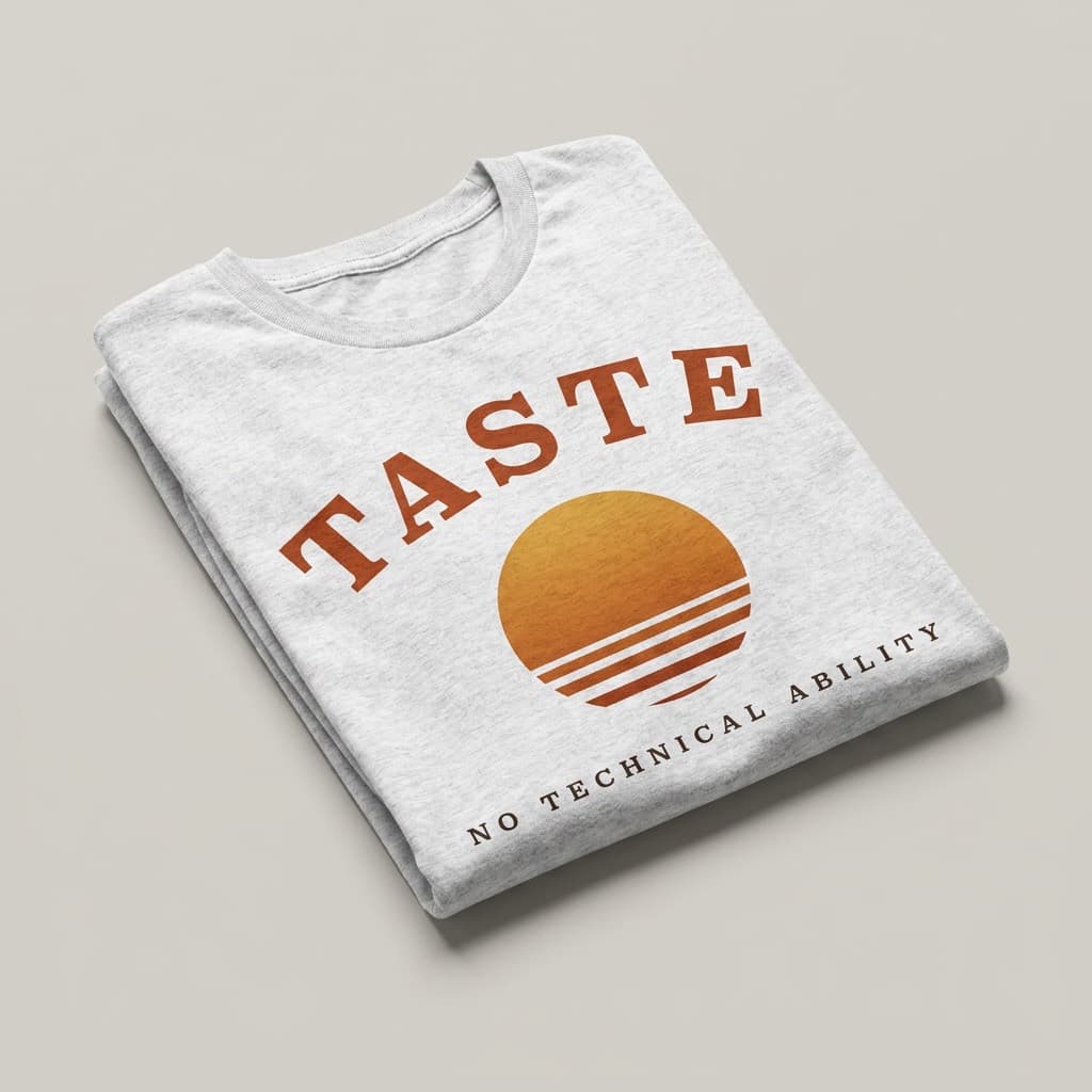 Folded view: Ash-white t-shirt printed with an arched TASTE over a striped sunset, and NO TECHNICAL ABILITY beneath