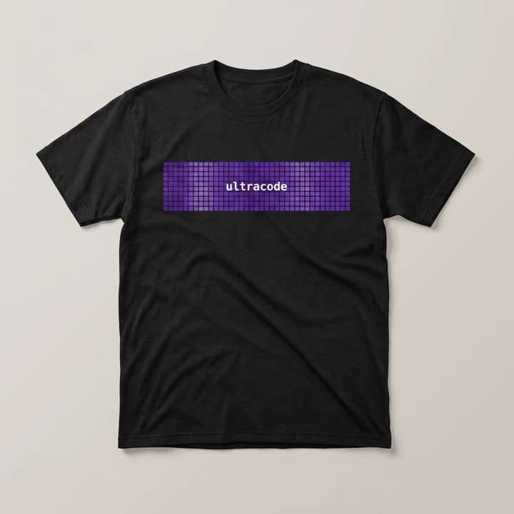 Black t-shirt printed with a purple pixel-grid panel reading ultracode